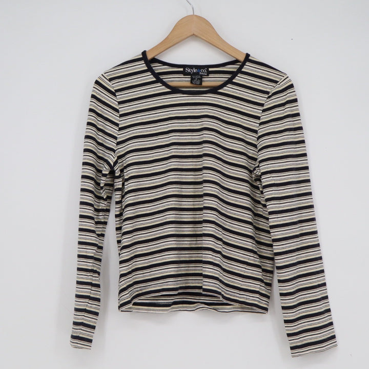 Style & Co Petite Womens Medium Black Cream Striped Long Sleeve Crew Neck Top