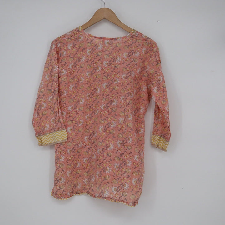 Suvasa Peach Floral Block Print Tunic Top 3/4 Sleeve V-Neck Boho Kurti Large