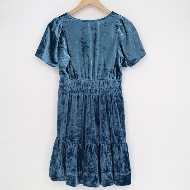 Anthropologie Teal Blue Crushed Velvet Smocked Waist Tiered Mini Dress XSP