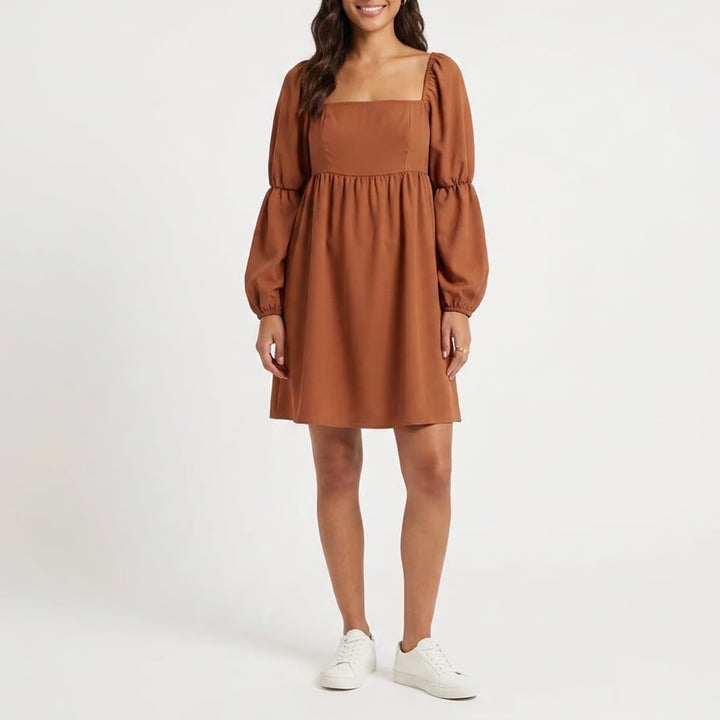 Rust Brown Lantern Sleeve Babydoll Mini Dress Square Neck Smocked Back XL