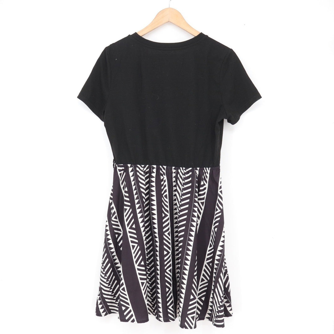 Black White Geometric Tribal Print Short Sleeve Mini Dress L