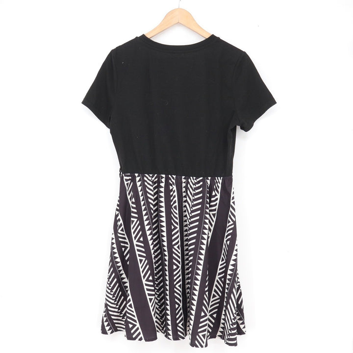 Black White Geometric Tribal Print Short Sleeve Mini Dress L