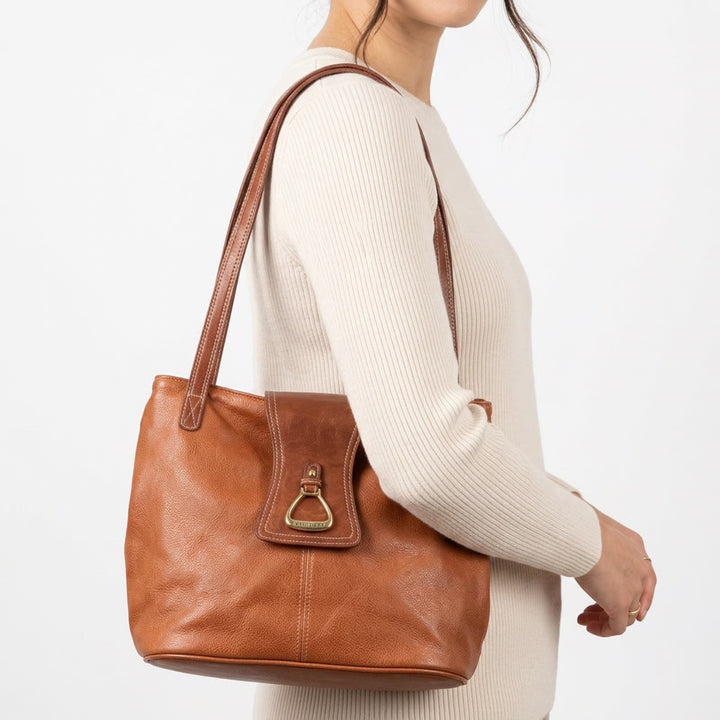 Leslie Fay Shoulder Bag Womens Medium Brown Leather Stirrup Hardware Good