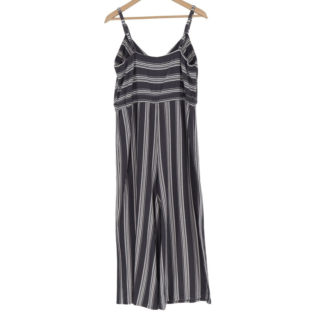 Xhilaration Womens Large Navy Blue White Striped Wide Leg Jumpsuit V-Neck L