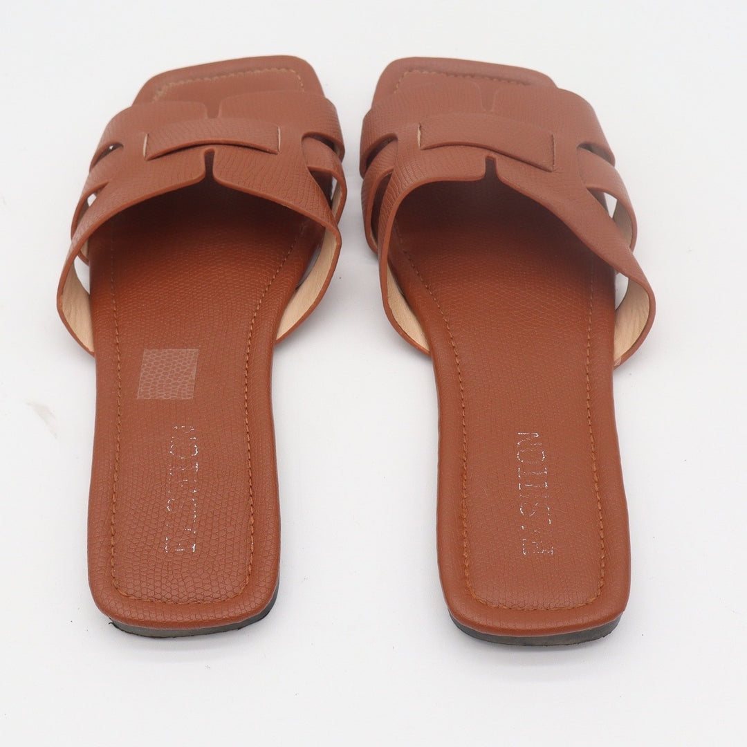 FASHION Brown Textured H-Band Flat Slide Sandals Square Toe Size 10 43 0050