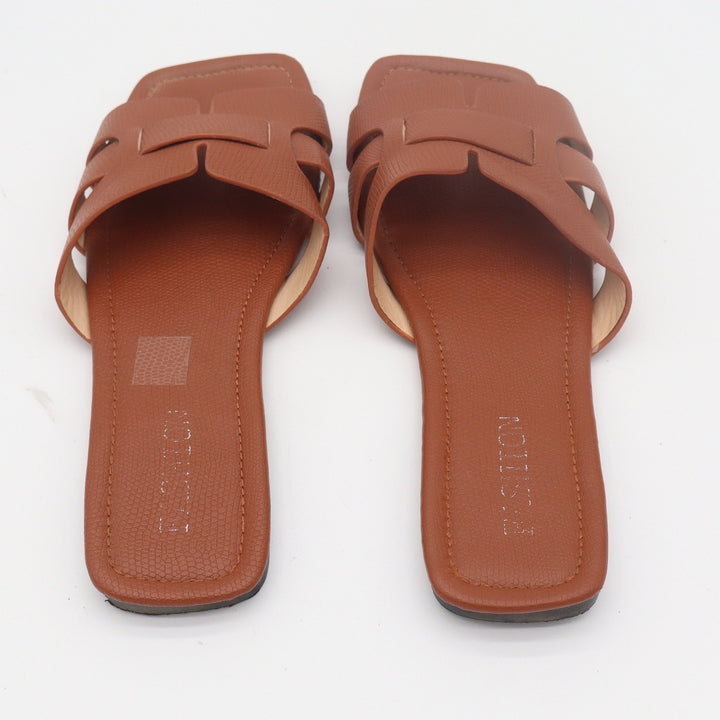 FASHION Brown Textured H-Band Flat Slide Sandals Square Toe Size 10 43 0050
