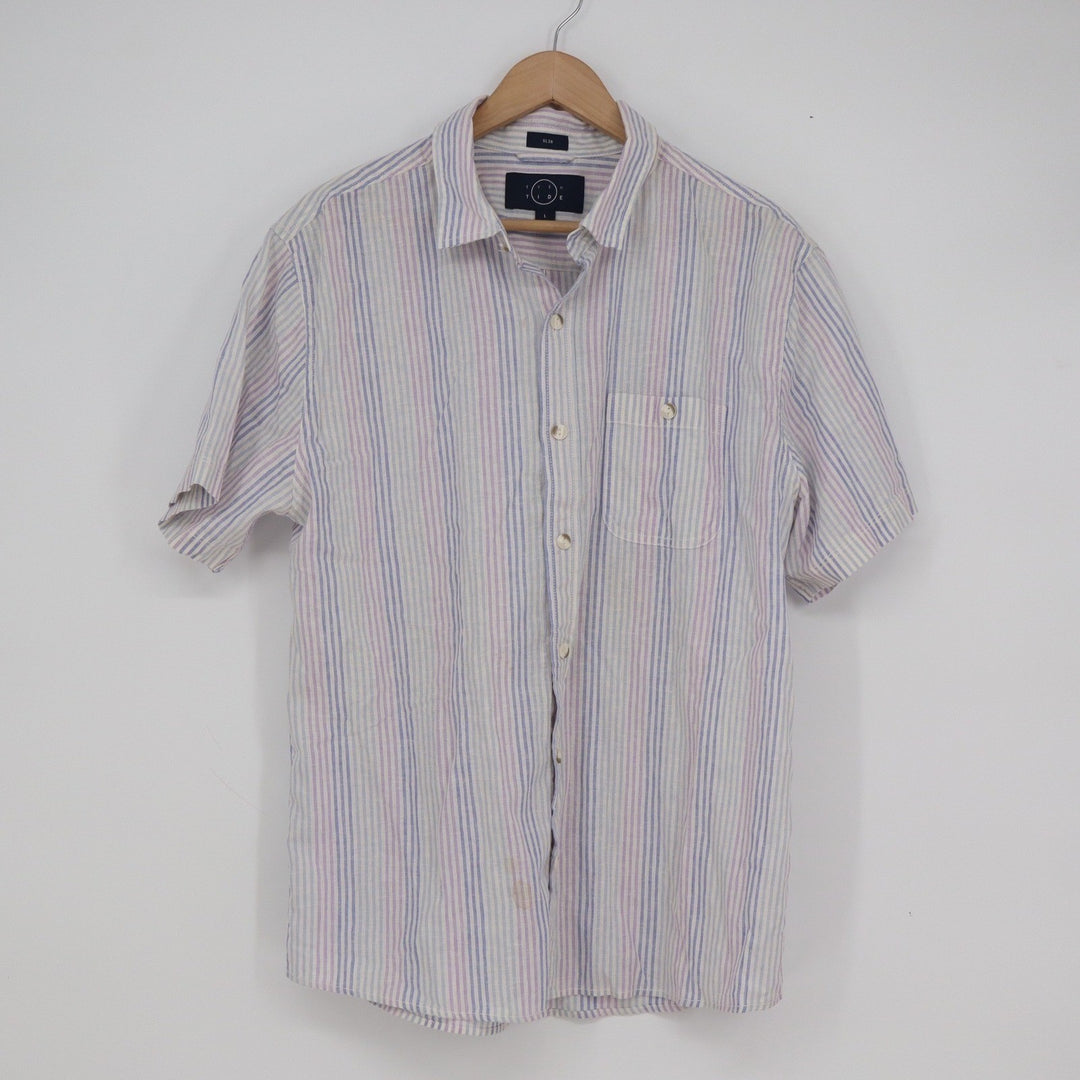 Even Tide Mens Slim Fit Linen Cotton Striped Short Sleeve Button Down Shirt L