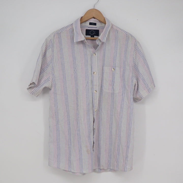 Even Tide Mens Slim Fit Linen Cotton Striped Short Sleeve Button Down Shirt L