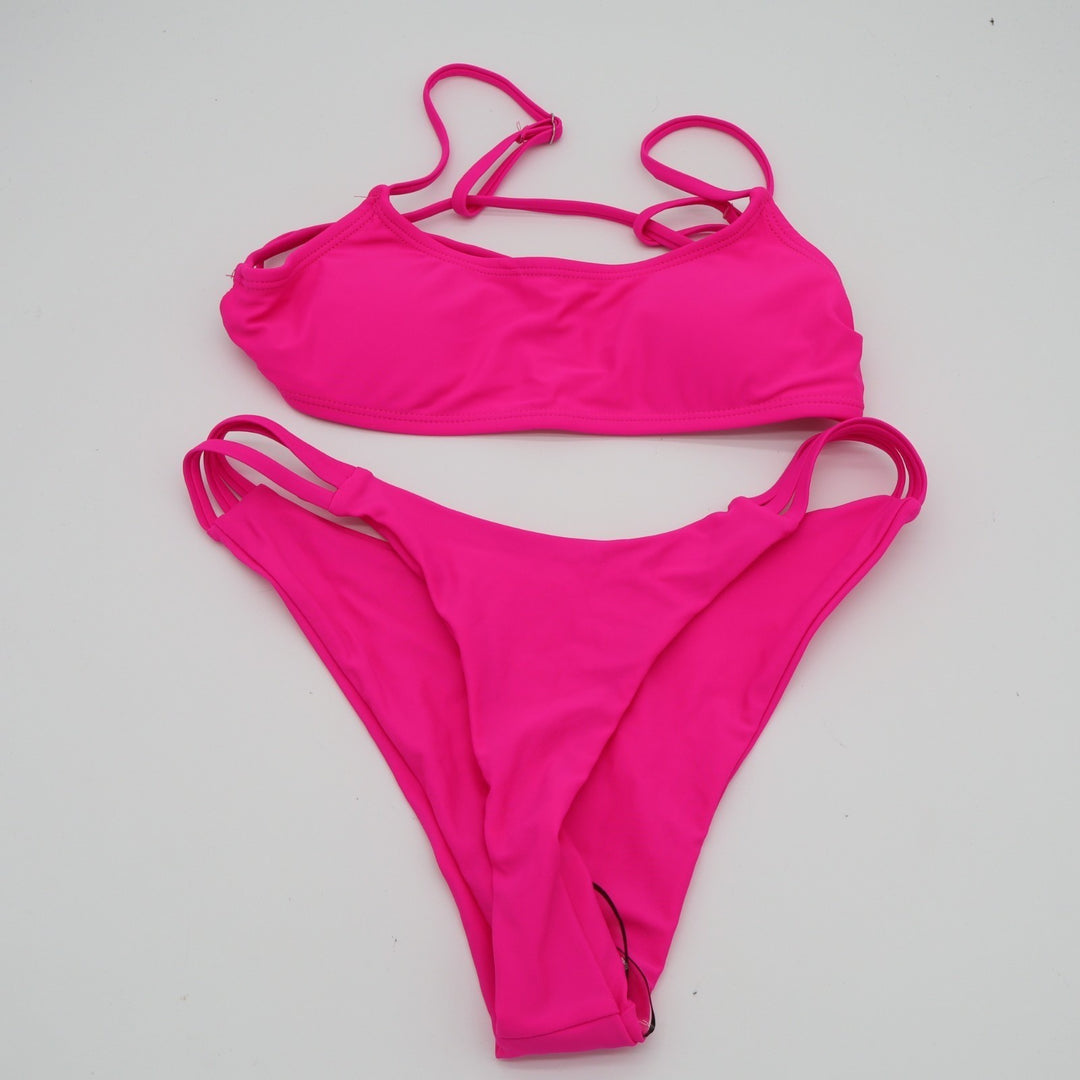 2 Piece Bikini Set Womens Small Hot Pink Stretch Spaghetti Straps Swimwear