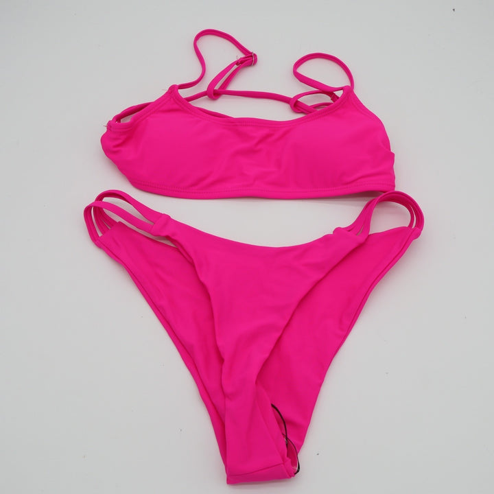 2 Piece Bikini Set Womens Small Hot Pink Stretch Spaghetti Straps Swimwear