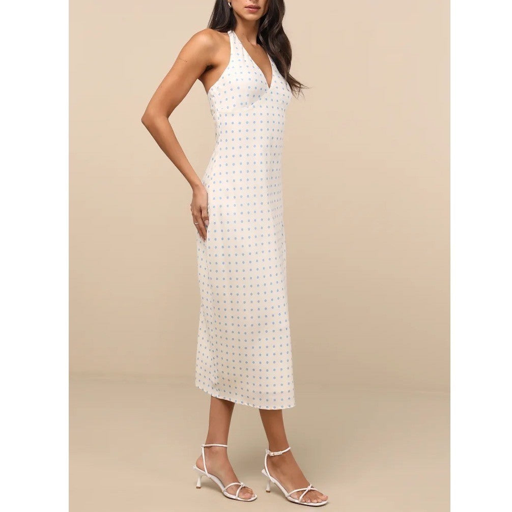 Lulus Meara Maxi Dress Womens XS Cream Blue Polka Dot Halter Neck Open Back