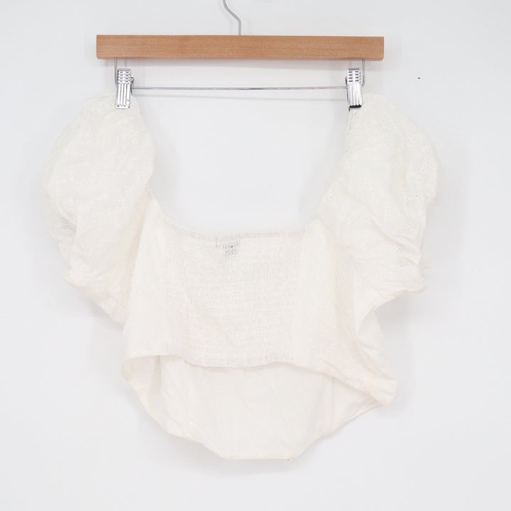 Wild Fable White Eyelet Puff Sleeve Corset Crop Top Large Smocked Back Cotton