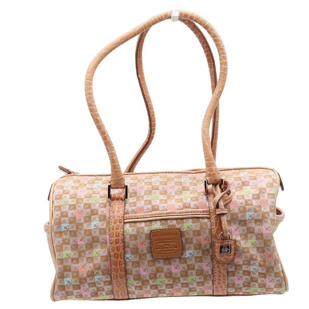 Liz Claiborne Satchel Women Large Monogram Checkerboard Tan Faux Croc Excellent