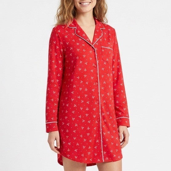 Charter Club Intimates Pajama Shirt Womens S Red Bow Print Stretch Lapel Collar