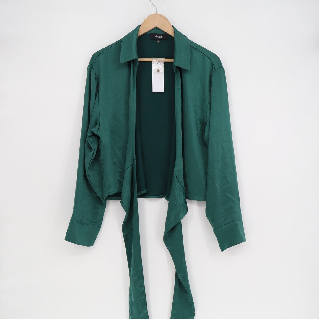 Aakaa Womens Emerald Green Satin Tie Front Cropped Blouse Top Large