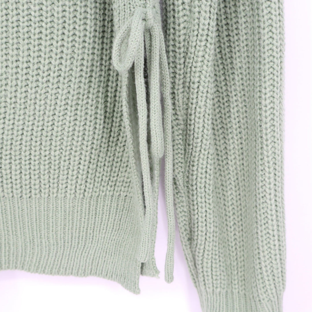 SHEIN Mint Green Shaker Knit Side Tie Lace Up Sweater Large Crew Neck Pullover