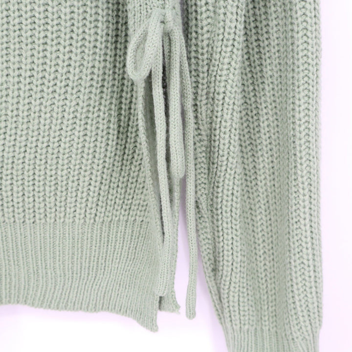 SHEIN Mint Green Shaker Knit Side Tie Lace Up Sweater Large Crew Neck Pullover