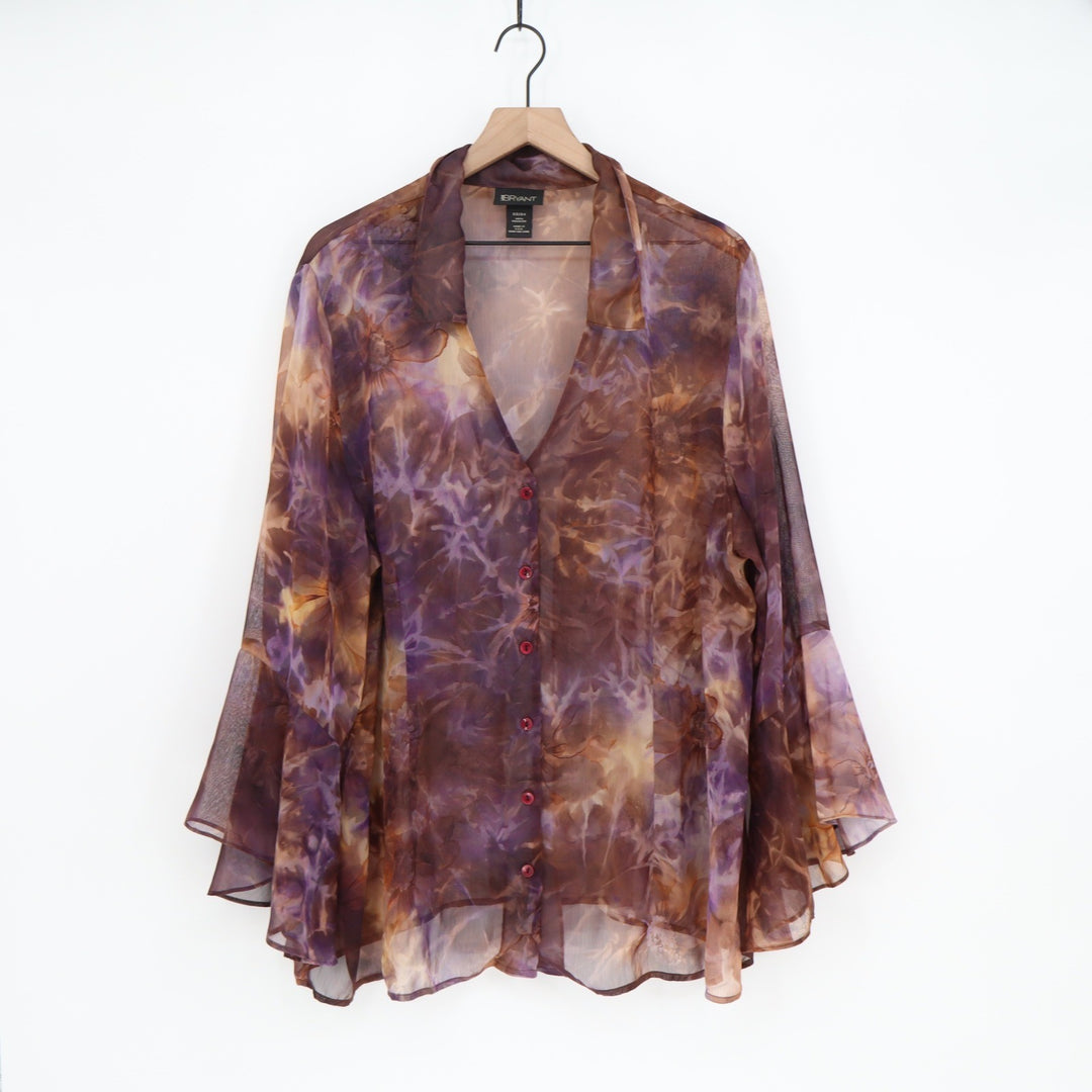 Lane Bryant Blouse Womens 22/24 Sheer Mesh Purple Brown Bell Sleeve Excellent