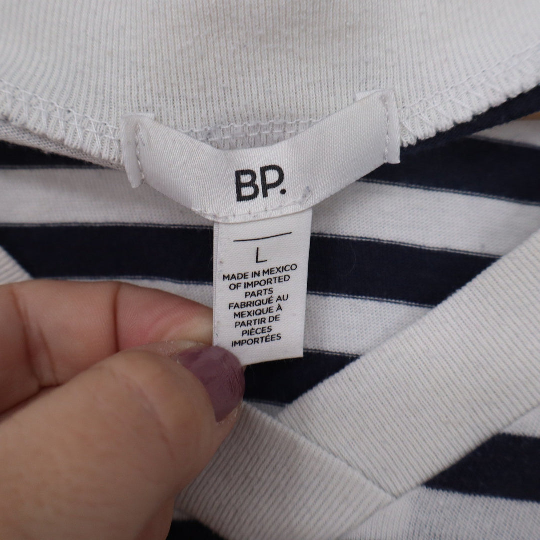 BP Nordstrom Womens Striped V-Neck T-Shirt Navy Blue Cream Size L