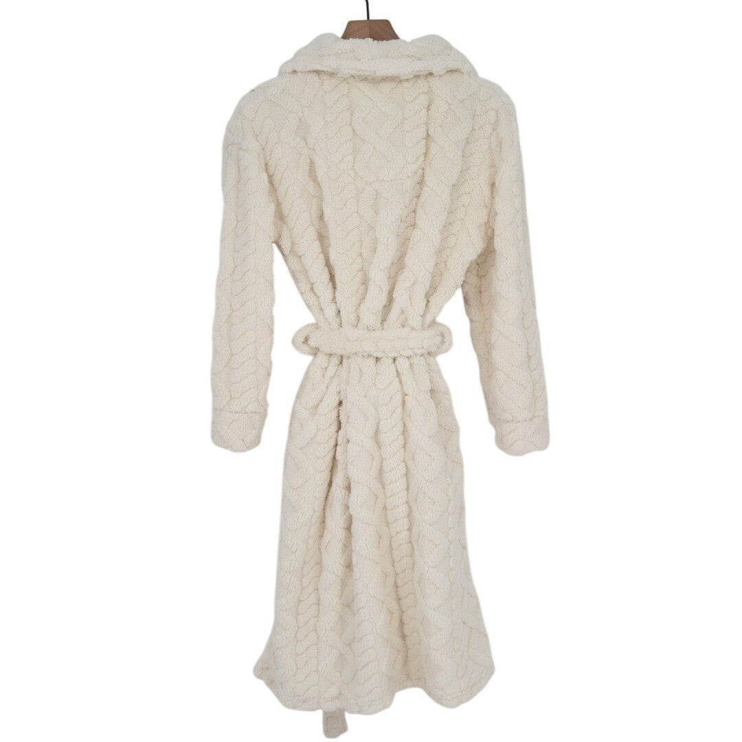 Roudelain Wrap Bathrobe Womens S White Fleece Cable Knit Shawl Collar Belt Waist