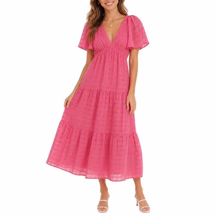 Stile Collection Pink Tiered Maxi Dress Flutter Sleeve V-Neck Checkered Medium