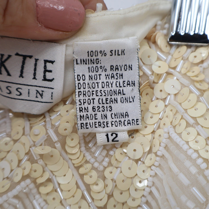 Oleg Cassini Black Tie Vintage Silk Beaded Sequin Diamond Mini Skirt Cream 12