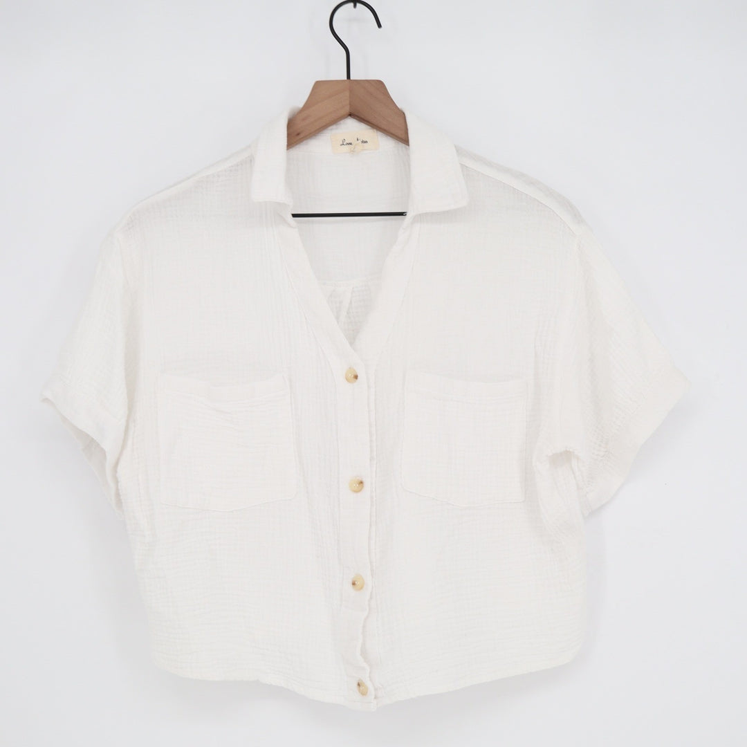 Love Notes Womens White Cotton Gauze Button Down Short Sleeve Cropped Shirt L