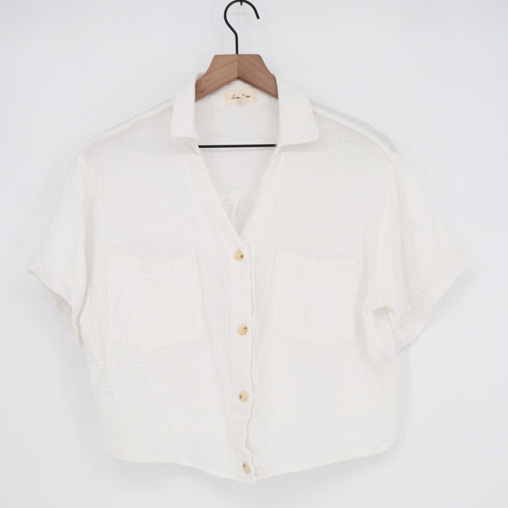 Love Notes Womens White Cotton Gauze Button Down Short Sleeve Cropped Shirt L