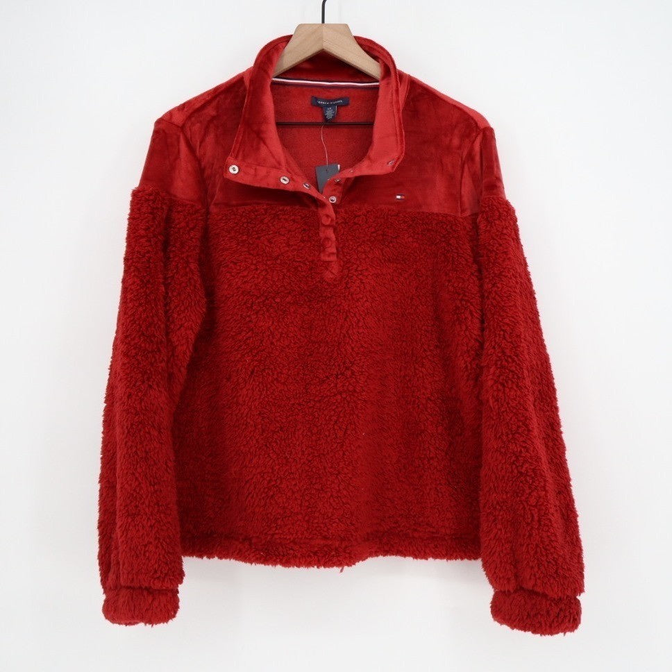 Tommy Hilfiger Sweatshirt Womens L Red Stretch Sherpa Quarter Snap Long Sleeve
