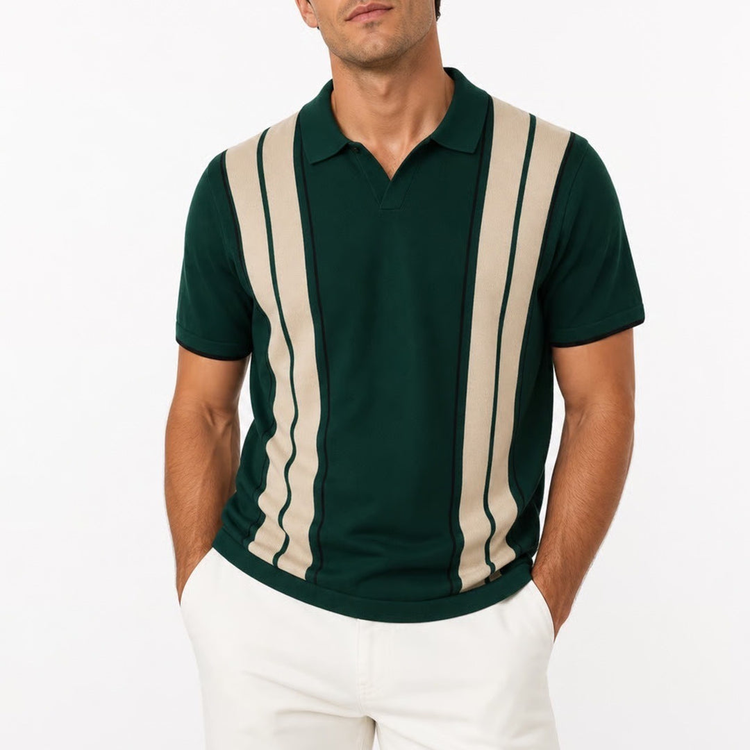 COOFANDY Mens Green Knit Polo Shirt Vertical Stripe Retro Short Sleeve Large NEW