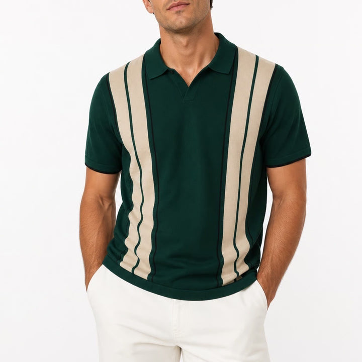 COOFANDY Mens Green Knit Polo Shirt Vertical Stripe Retro Short Sleeve Large NEW