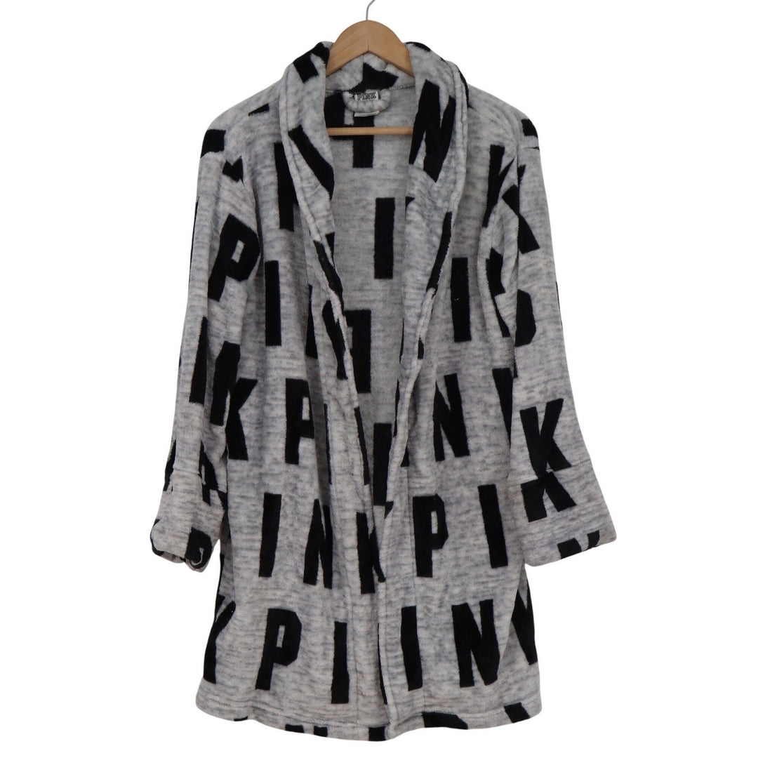PINK Victoria's Secret Grey Black Logo Faux Fur Plush Robe XS/S