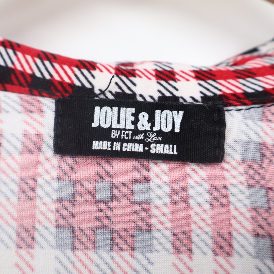 Jolie & Joy Womens Red Plaid Cropped Button Down Shirt Small Long Sleeve