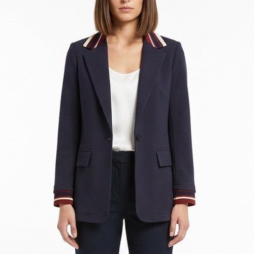 Womens Blazer Jacket Small Navy Blue Striped Trim Notch Lapel Single Breasted