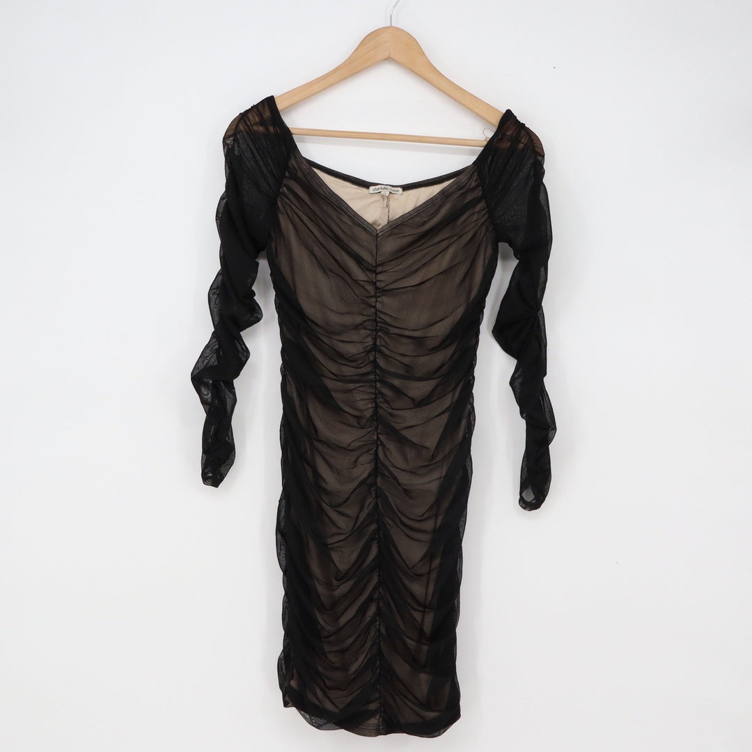 Charlotte Russe Dress Womens M Black Ruched Mesh Bodycon Long Sleeve Good