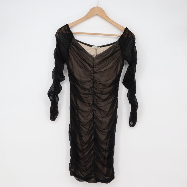 Charlotte Russe Dress Womens M Black Ruched Mesh Bodycon Long Sleeve Good