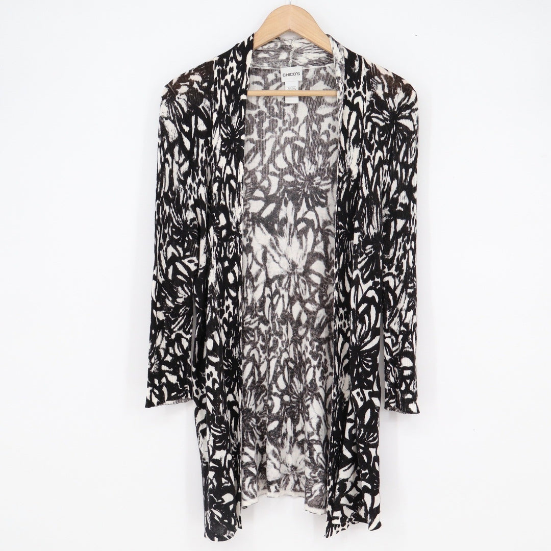 Chicos Black White Abstract Floral Linen Blend Open Front Cardigan Size 1 M