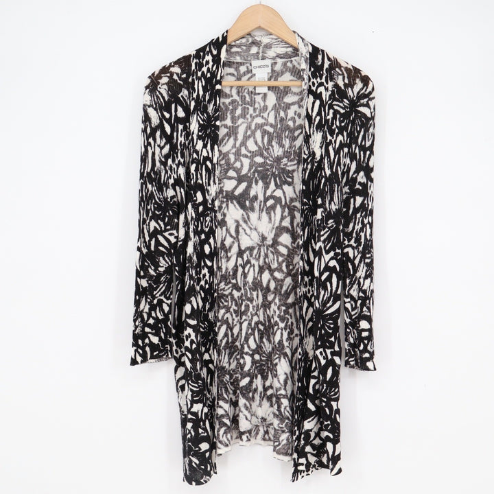 Chicos Black White Abstract Floral Linen Blend Open Front Cardigan Size 1 M