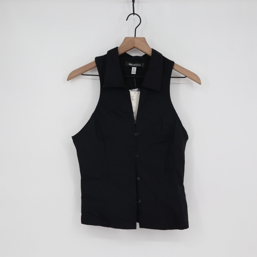 Urban Outfitters Shirt Womens Small Black Cotton Stretch Spread Collar Button Up