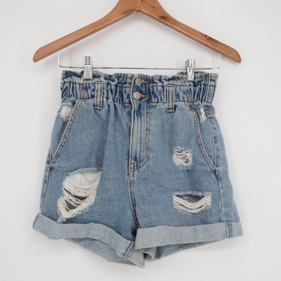 Forever 21 Womens Paperbag Waist Distressed Denim Shorts Light Wash Blue Size S