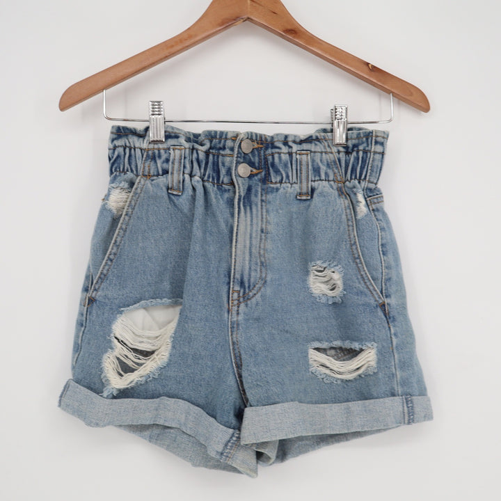 Forever 21 Womens Paperbag Waist Distressed Denim Shorts Light Wash Blue Size S