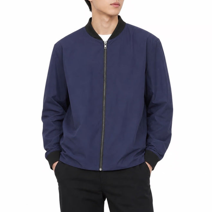 HM Mens Navy Blue Lightweight Bomber Jacket Full Zip Ribbed Trim Size M