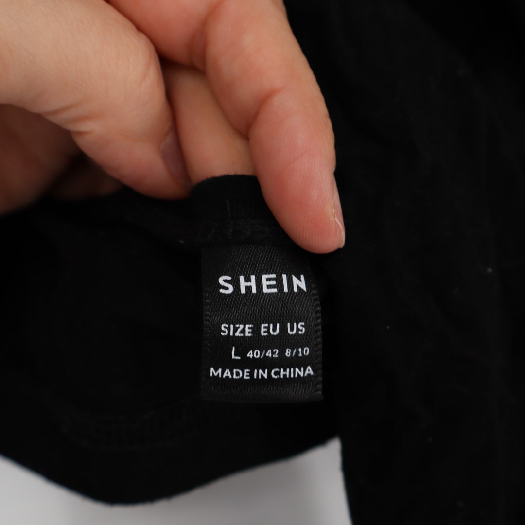 Shein Cider Crop Top Womens Medium Black Stretch Long Sleeve Round Neck Tie Back