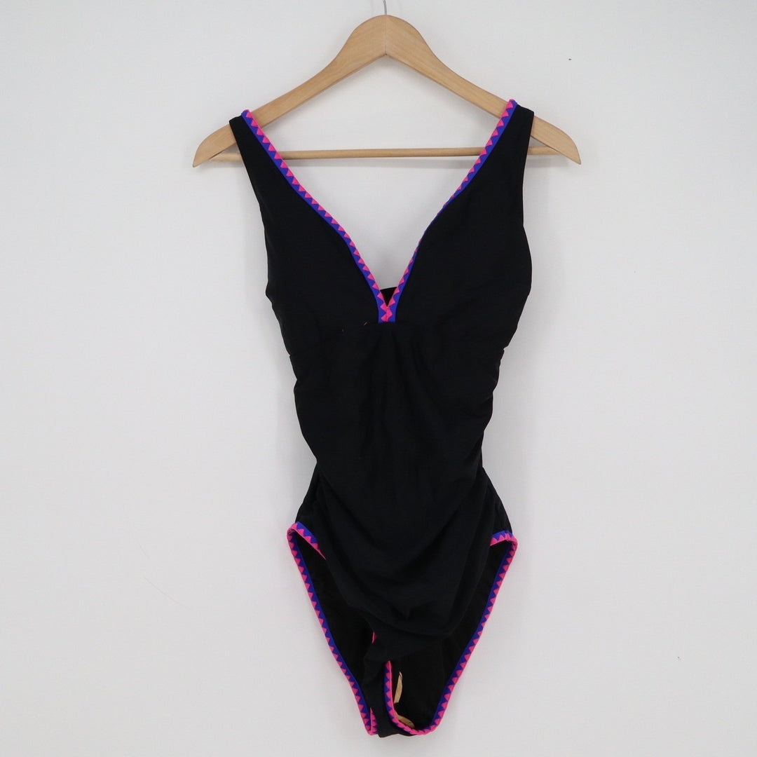 B2PRITY Black One Piece Swimsuit Ruched V-Neck Embroidered Trim Size L NEW