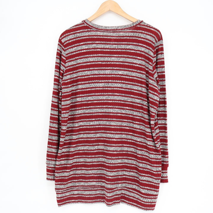 Azules Tunic Top Womens L Burgundy Gray Striped Stretch Long Sleeve Ribbed Knit