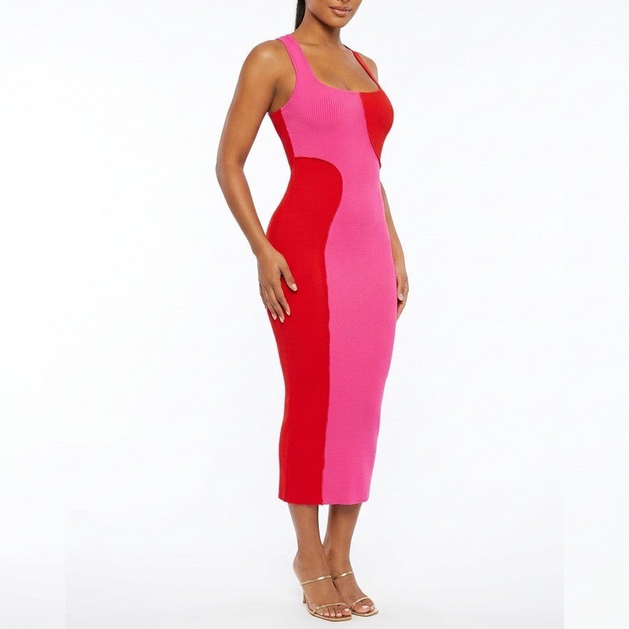 Naked Wardrobe Pink Red Colorblock Ribbed Midi Dress Small