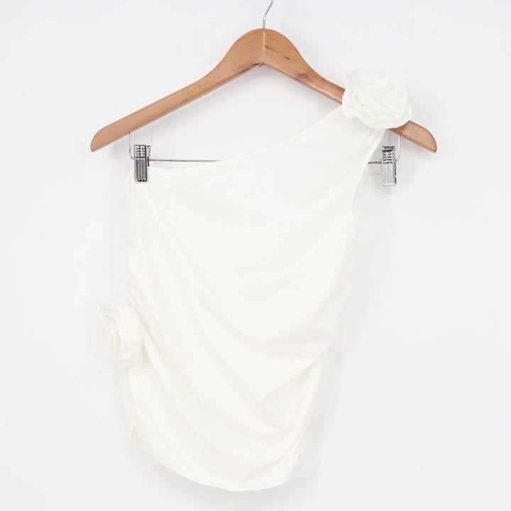 White One Shoulder Rosette Ruched Top Sleeveless Floral Accent Size L