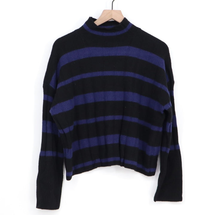 Madewell Sweater Womens XS Black Blue Knit Striped Mock Neck Ribbed Long Sleeve