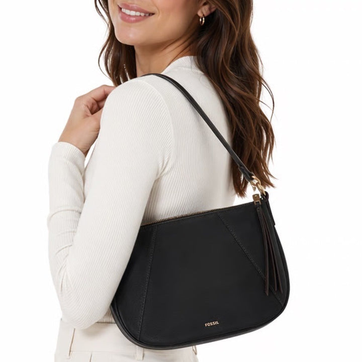 Fossil Skylar Womens Handbag Black Pebbled Leather Inner Pockets Shoulder Bag
