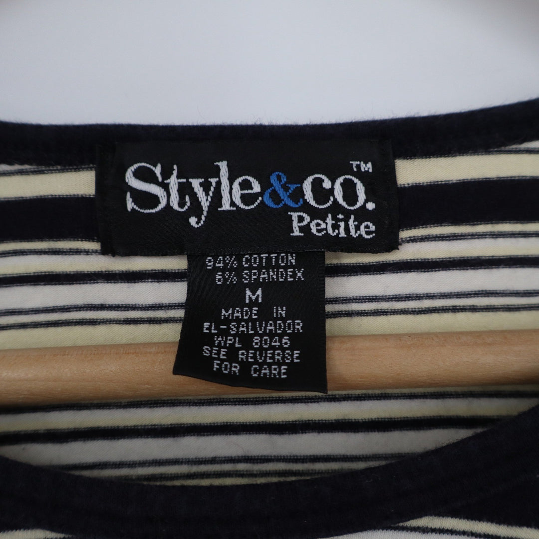 Style & Co Petite Womens Medium Black Cream Striped Long Sleeve Crew Neck Top